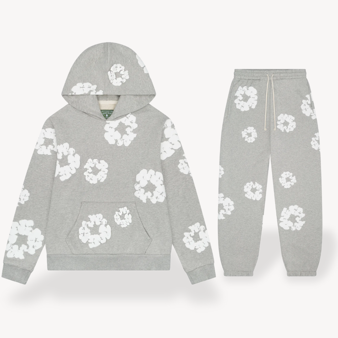 Unisex Daisy Print Tracksuit Set | Fleece Hoodie & Joggers in Soft Grey