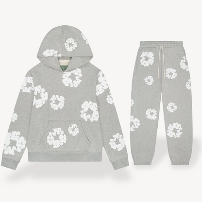 Unisex Daisy Print Tracksuit Set | Fleece Hoodie & Joggers in Soft Grey