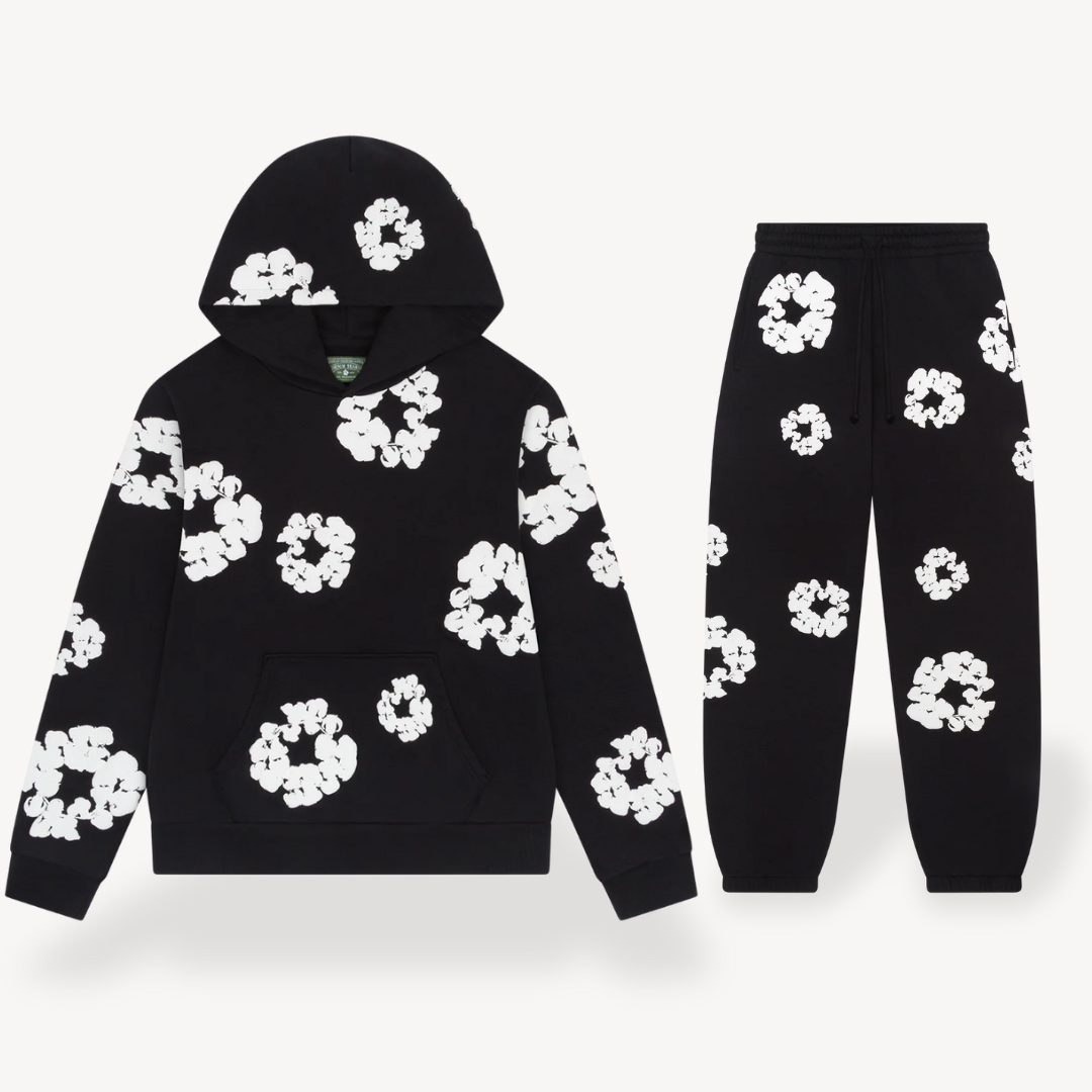 Unisex Daisy Print Tracksuit Set | Fleece Hoodie & Joggers in Soft Grey