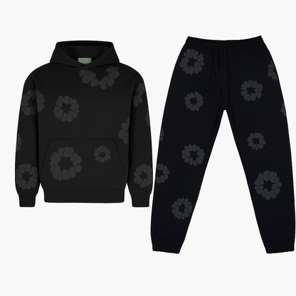 Unisex Daisy Print Tracksuit Set | Fleece Hoodie & Joggers in Soft Grey