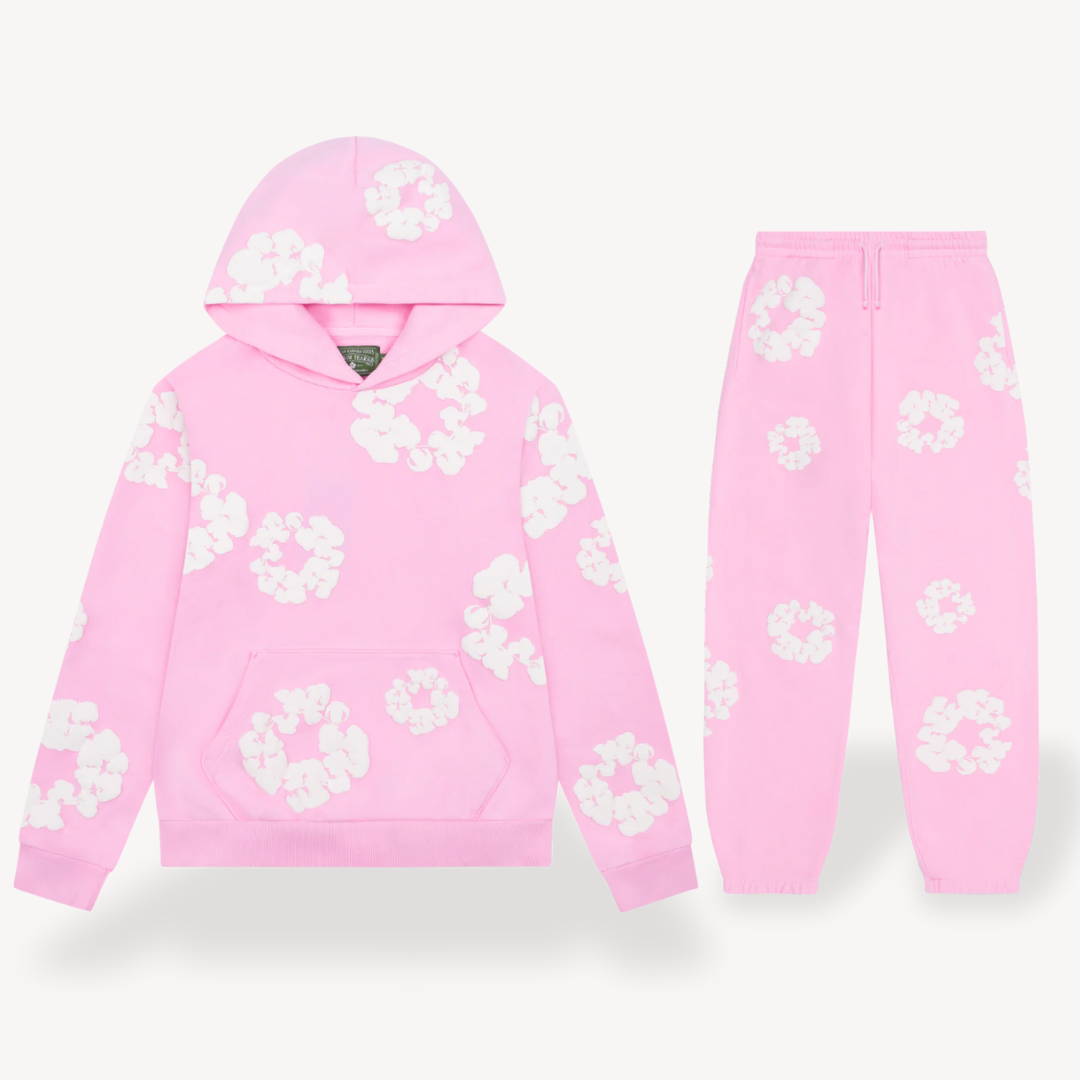Unisex Daisy Print Tracksuit Set | Fleece Hoodie & Joggers in Soft Grey