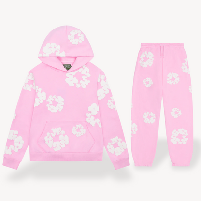 Unisex Daisy Print Tracksuit Set | Fleece Hoodie & Joggers in Soft Grey