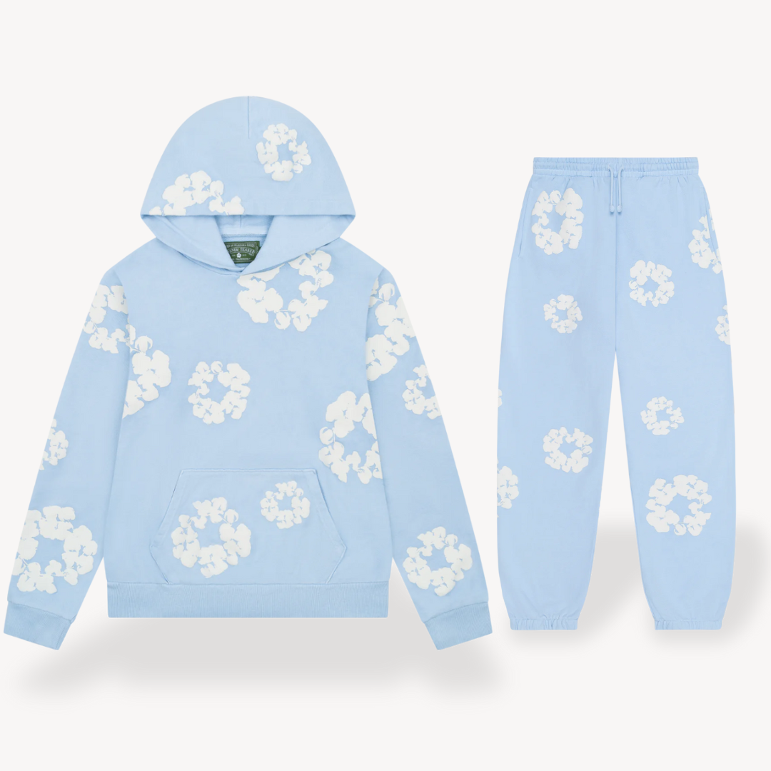 Unisex Daisy Print Tracksuit Set | Fleece Hoodie & Joggers in Soft Grey