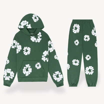 Unisex Daisy Print Tracksuit Set | Fleece Hoodie & Joggers in Soft Grey