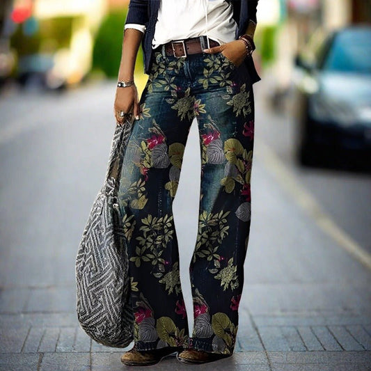 Boho Floral Wide-Leg Jeans | High Waist | Vintage-Inspired Stretch Denim