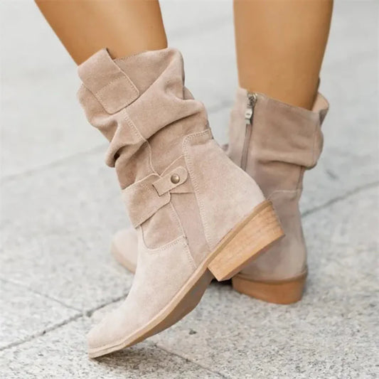 Mid-Calf Slouch Boots | Microsuede | Low Block Heel Zip-Up