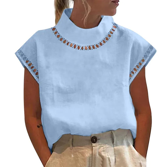 Sleeveless Linen Blend Blouse | Crochet Trim Mock Neck | Lightweight Summer Top