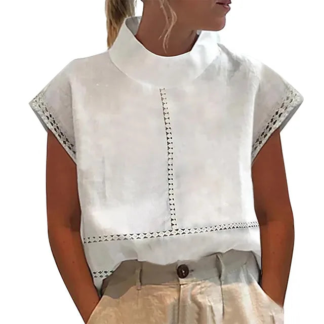 Sleeveless Linen Blend Blouse | Crochet Trim Mock Neck | Lightweight Summer Top