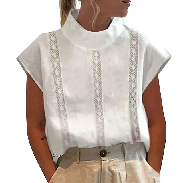 Sleeveless Linen Blend Blouse | Crochet Trim Mock Neck | Lightweight Summer Top