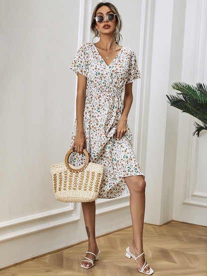 Floral V-Neck Midi Dress | Lightweight Summer Style | Cinched Waist