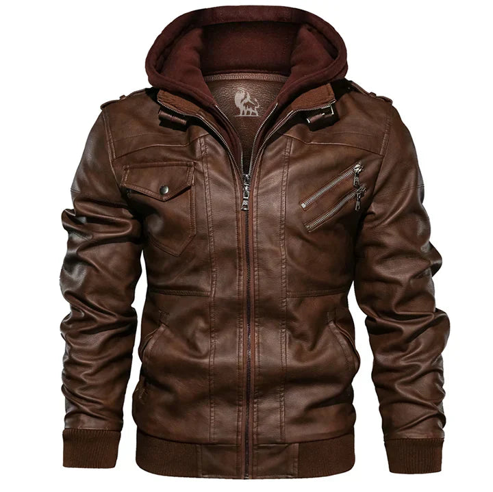 Men’s Faux Leather Jacket | Hooded Bomber Style | Lined for Cold Weather
