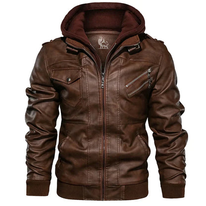 Men’s Faux Leather Jacket | Hooded Bomber Style | Lined for Cold Weather