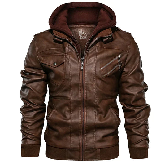 Men’s Faux Leather Jacket | Hooded Bomber Style | Lined for Cold Weather