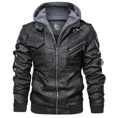 Men’s Faux Leather Jacket | Hooded Bomber Style | Lined for Cold Weather