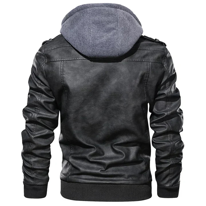 Men’s Faux Leather Jacket | Hooded Bomber Style | Lined for Cold Weather