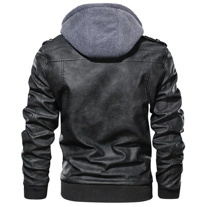 Men’s Faux Leather Jacket | Hooded Bomber Style | Lined for Cold Weather