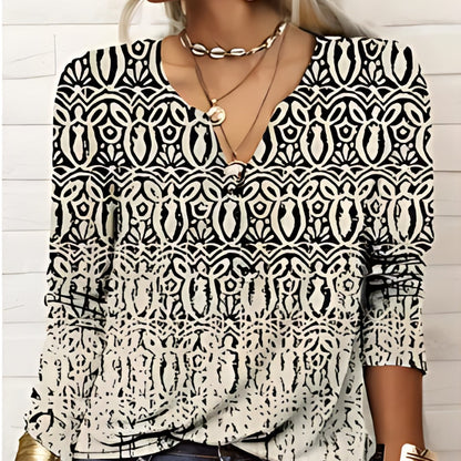Printed V-Neck Blouse | Lightweight Drape | Tribal-Inspired Pattern