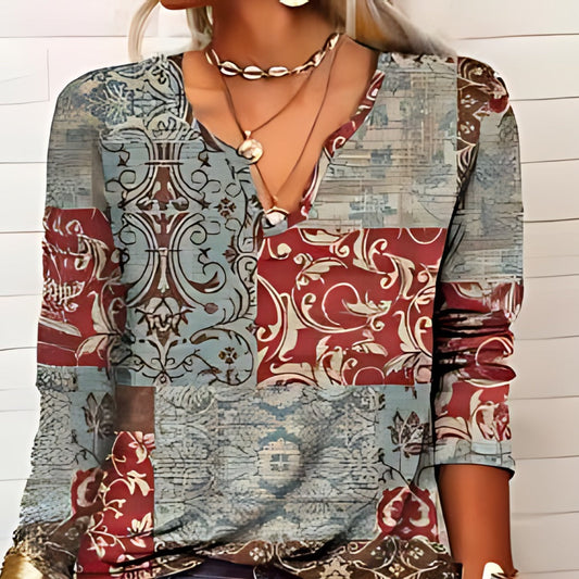 Printed V-Neck Blouse | Lightweight Drape | Tribal-Inspired Pattern