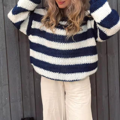 Striped Chunky Knit Sweater | Oversized Fit | Soft Acrylic Blend | Casual Winter
