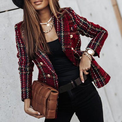 Plaid Tweed Blazer | Double-Breasted with Gold Buttons | Structured Fall Outerwear