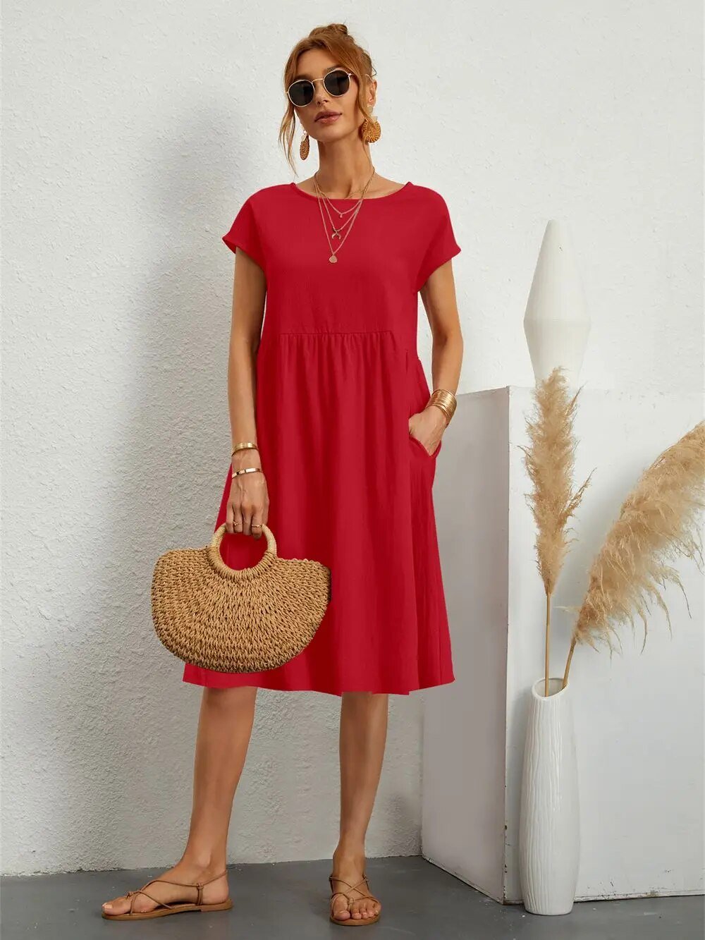 Cotton Blend Pocket Dress | Crew Neck | Casual Cap Sleeve