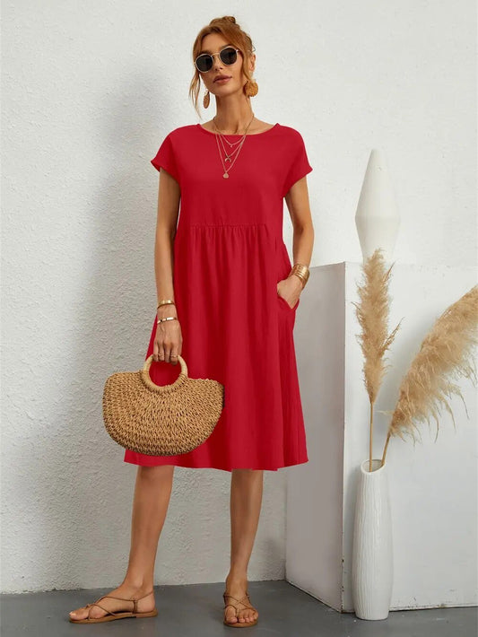 Cotton Blend Pocket Dress | Crew Neck | Casual Cap Sleeve