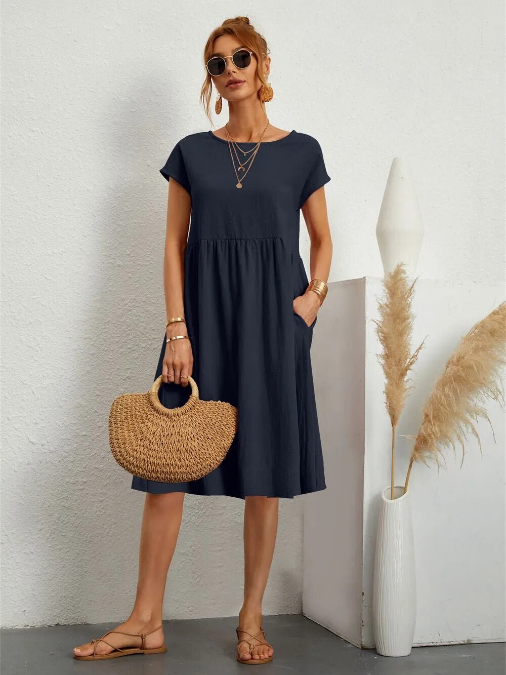 Cotton Blend Pocket Dress | Crew Neck | Casual Cap Sleeve