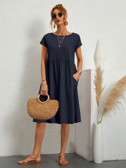Cotton Blend Pocket Dress | Crew Neck | Casual Cap Sleeve