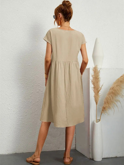 Cotton Blend Pocket Dress | Crew Neck | Casual Cap Sleeve
