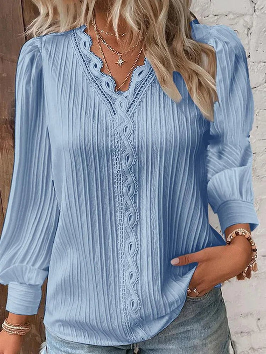 Pleated Lace-Front Blouse | Scalloped Trim | Lightweight Drape