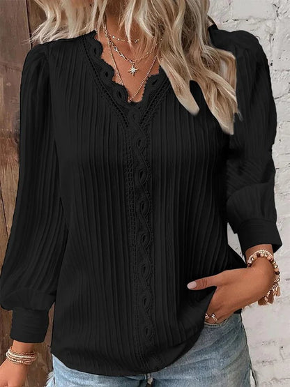 Pleated Lace-Front Blouse | Scalloped Trim | Lightweight Drape