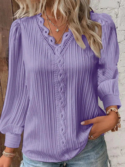 Pleated Lace-Front Blouse | Scalloped Trim | Lightweight Drape