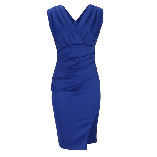Sleeveless Pleated Bodycon Dress | V-Neck | Side Slit Detail