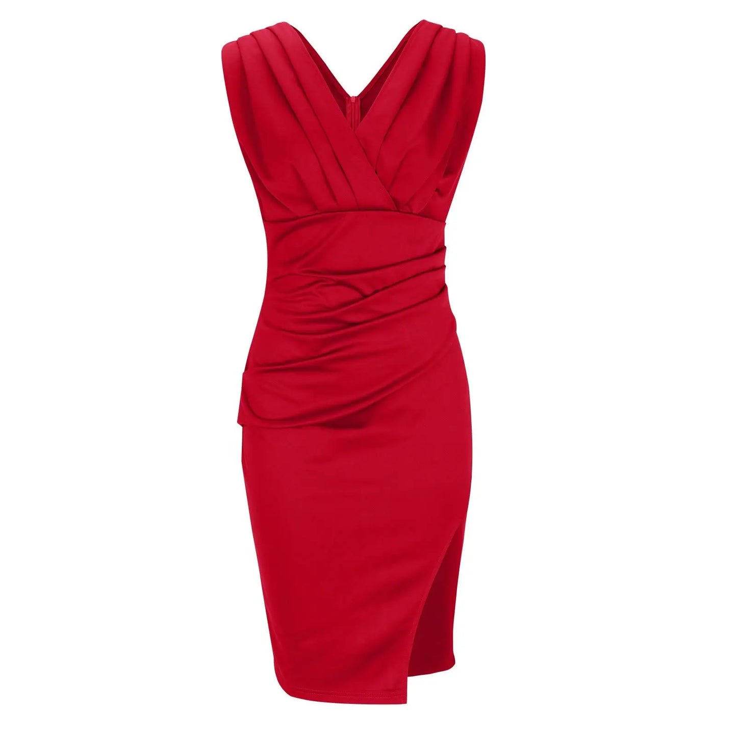 Sleeveless Pleated Bodycon Dress | V-Neck | Side Slit Detail