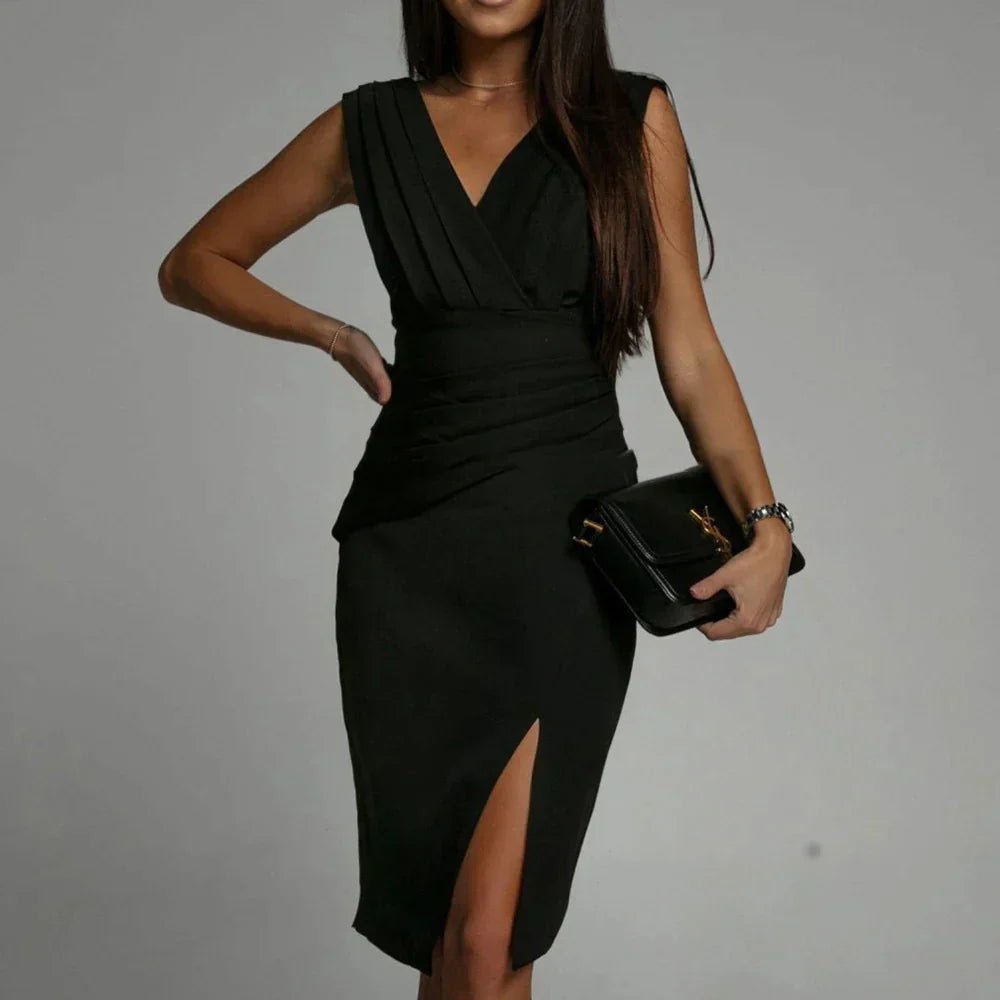 Sleeveless Pleated Bodycon Dress | V-Neck | Side Slit Detail