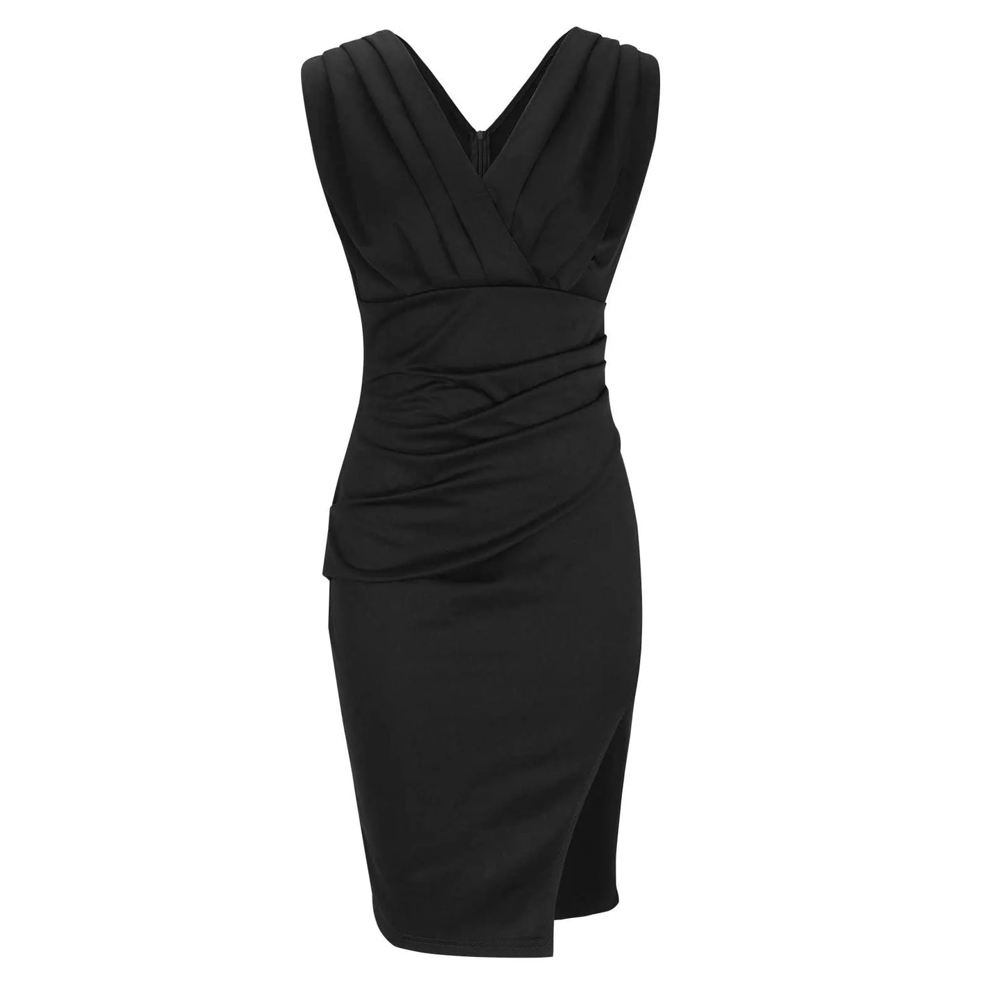 Sleeveless Pleated Bodycon Dress | V-Neck | Side Slit Detail