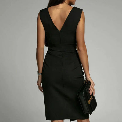 Sleeveless Pleated Bodycon Dress | V-Neck | Side Slit Detail