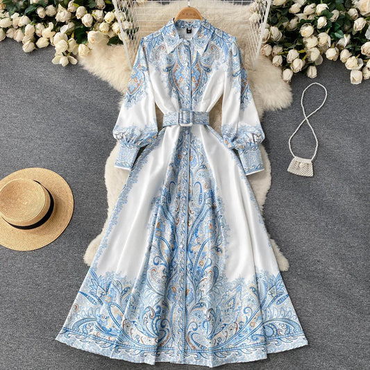 Satin Belted Maxi Dress | Paisley Print Shirt Dress | Long Sleeve Formal Fit