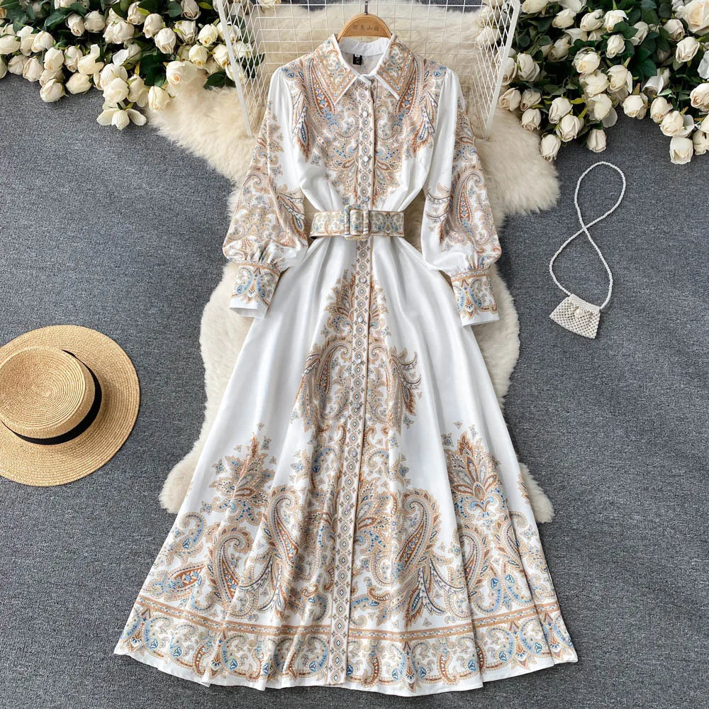 Satin Belted Maxi Dress | Paisley Print Shirt Dress | Long Sleeve Formal Fit