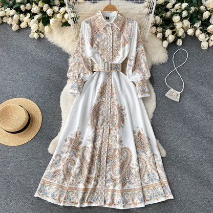 Satin Belted Maxi Dress | Paisley Print Shirt Dress | Long Sleeve Formal Fit