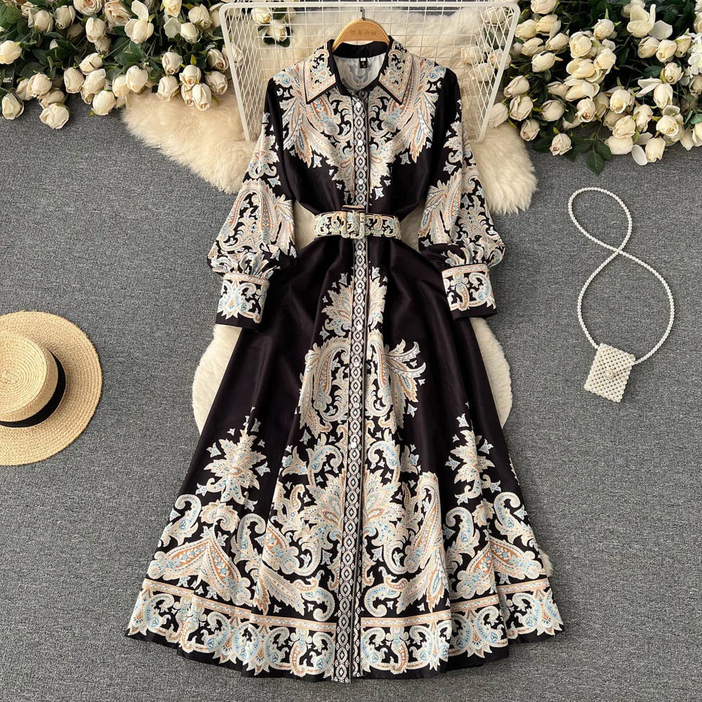 Satin Belted Maxi Dress | Paisley Print Shirt Dress | Long Sleeve Formal Fit