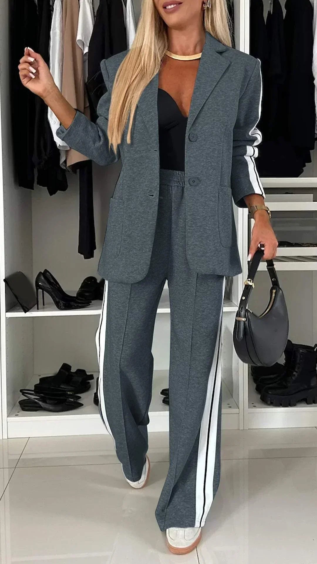 Blazer and Track Pant Set | Sport-Luxe Tailoring | Contrast Stripe Detail