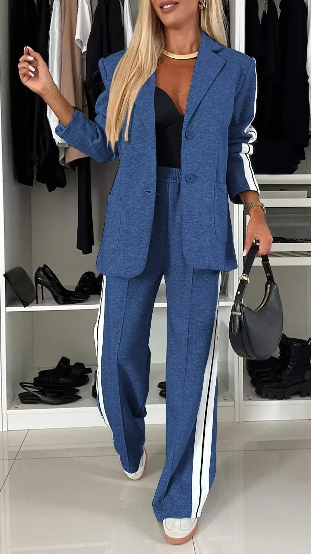 Blazer and Track Pant Set | Sport-Luxe Tailoring | Contrast Stripe Detail