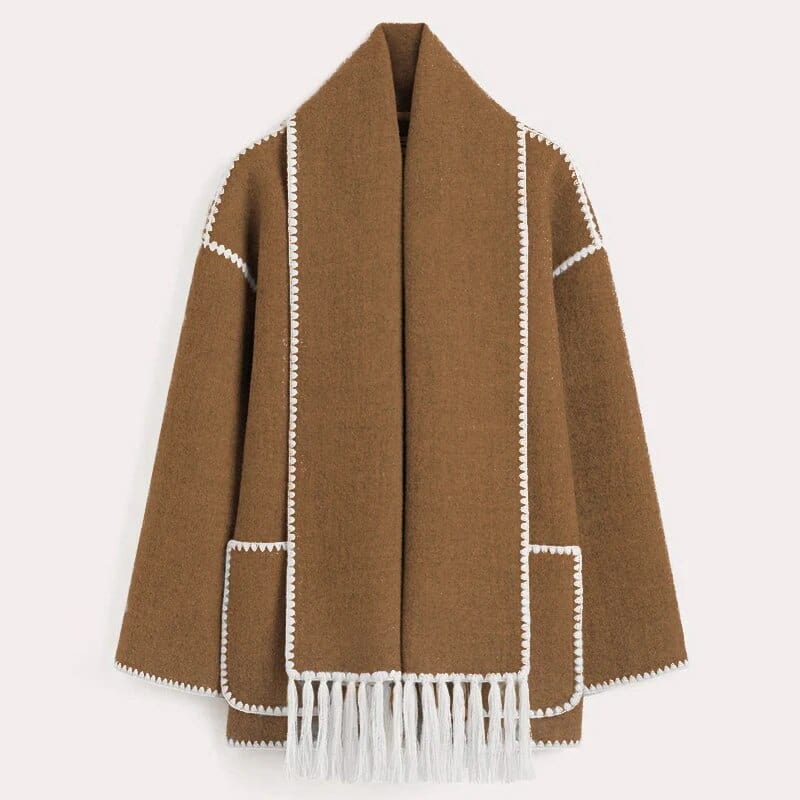Draped Wool-Blend Coat with Scarf Detail | Oversized Fit | Fringe Hem | Modern Elegance