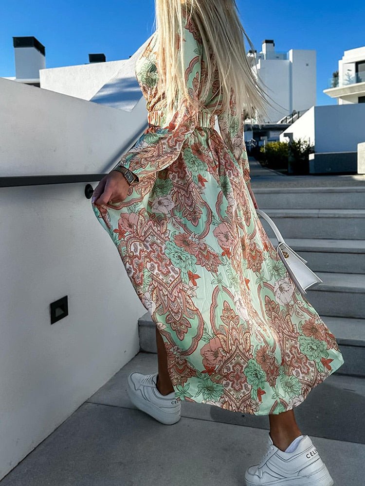 Floral Maxi Dress | Long Sleeves with High Slit | Lightweight Chiffon | Elegant Resort Wear