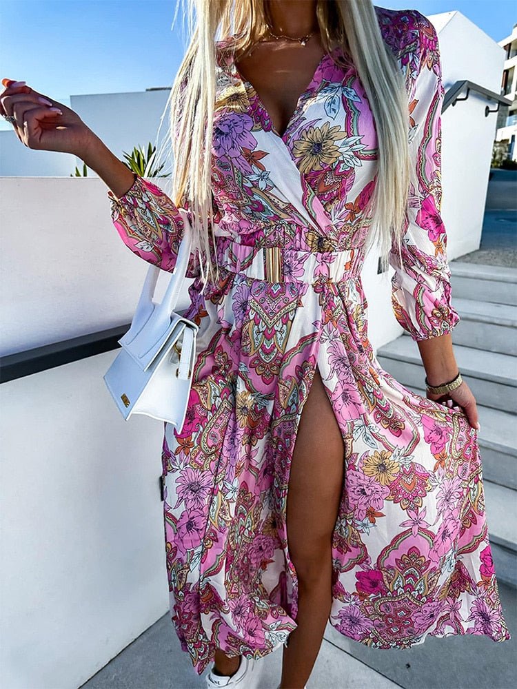 Floral Maxi Dress | Long Sleeves with High Slit | Lightweight Chiffon | Elegant Resort Wear