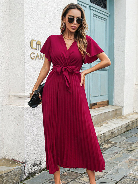 Belted Pleated Maxi Dress | V-Neckline & Cap Sleeves | Elegant Everyday Wear