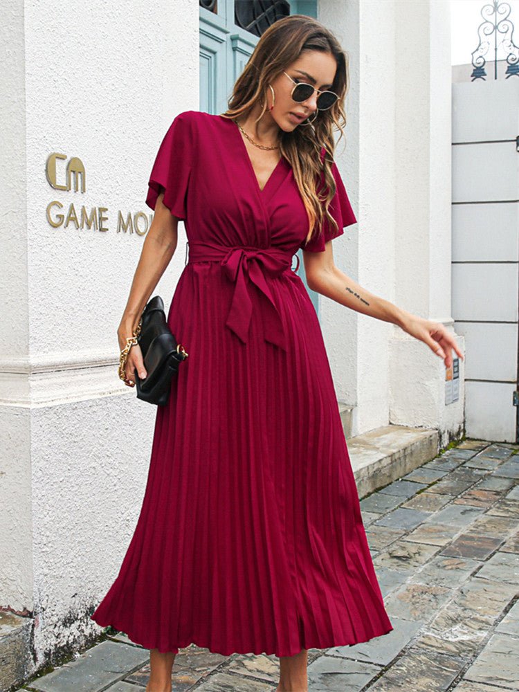 Belted Pleated Maxi Dress | V-Neckline & Cap Sleeves | Elegant Everyday Wear