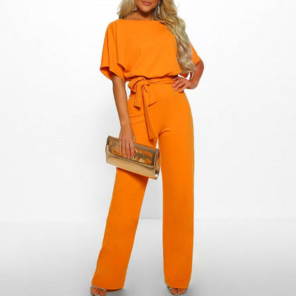 Short Sleeve Belted Jumpsuit | Wide Leg | Draped Crew Neck