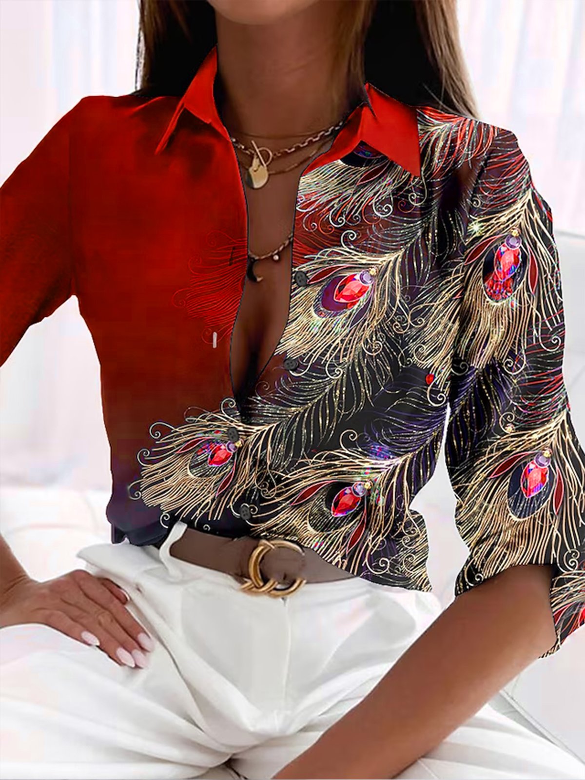 Peacock Feather Print Blouse | Satin Finish | Button Front